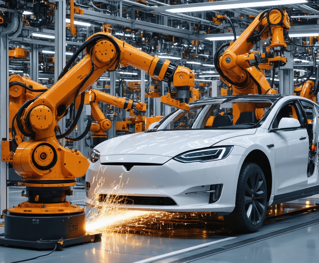 Zusammenbau eines Fahrzeugs durch Roboterarme in einer hochmodernen Fertigungsanlage