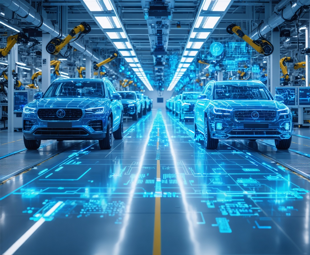 Automatisierte Fahrzeugproduktion mit Roboterarmen in einem modernen Werk