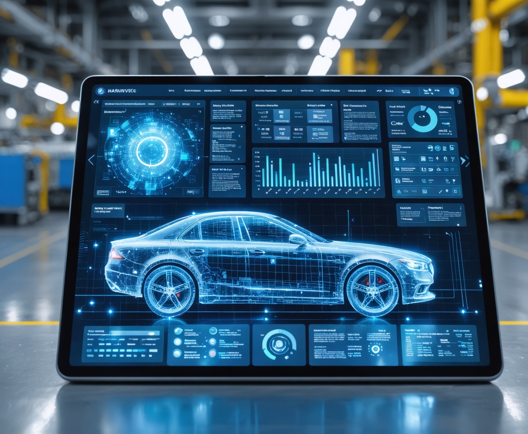 KI-Analyse-Dashboard auf einem Tablet zur Überwachung der Produktion