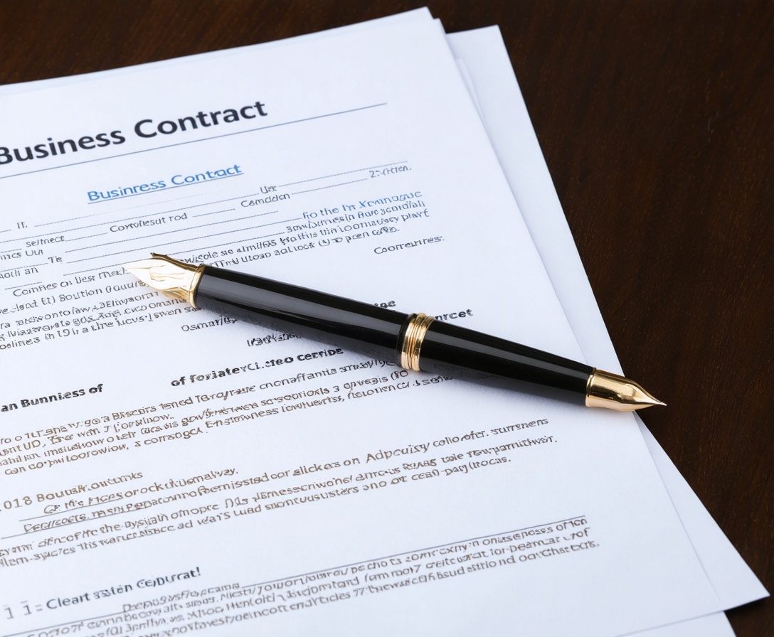 Ein Füllfederhalter ruht auf einem Stapel von Geschäftsdokumenten und Verträgen auf einem dunklen Holztisch