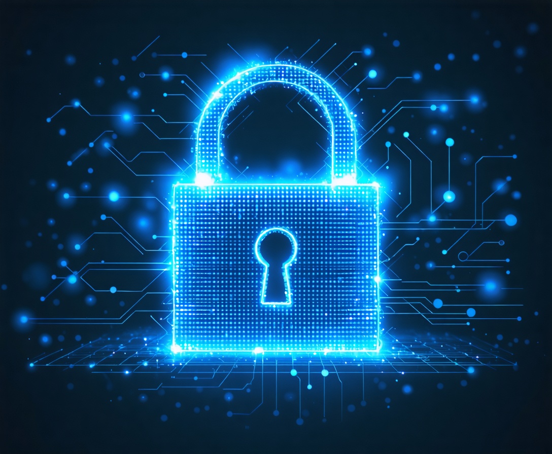 Abstrakte digitale Darstellung eines sicheren Schlosses aus leuchtend blauen Pixeln